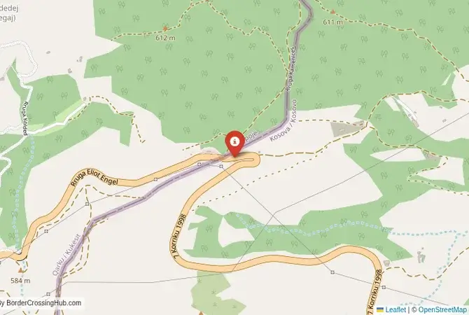 Close-up map showing a border crossing point with marker at the selected land port of entry between Albania and Kosovo