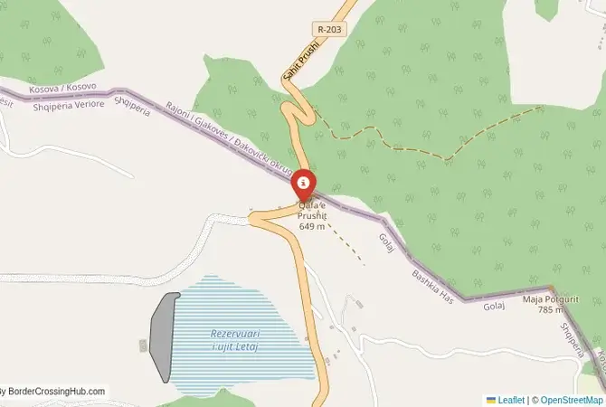 Close-up map showing a border crossing point with marker at the selected land port of entry between Albania and Kosovo