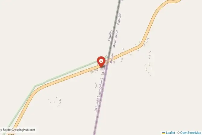 Close-up map showing a border crossing point with marker at the selected land port of entry between Eswatini and Mozambique