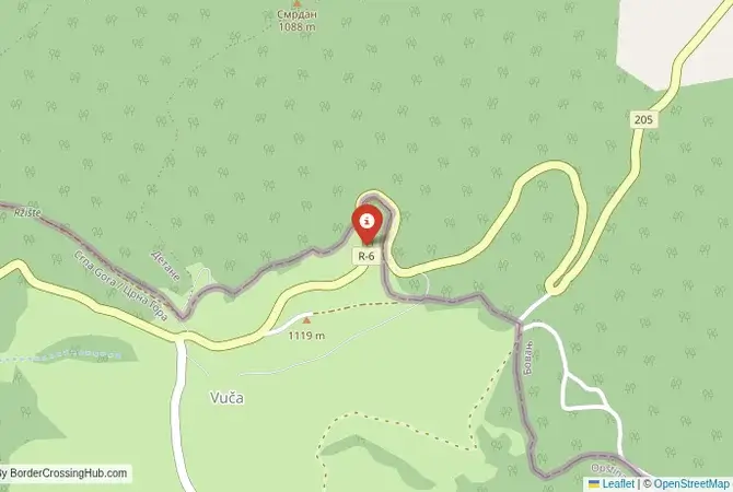 Close-up map showing a border crossing point with marker at the selected land port of entry between Montenegro and Serbia