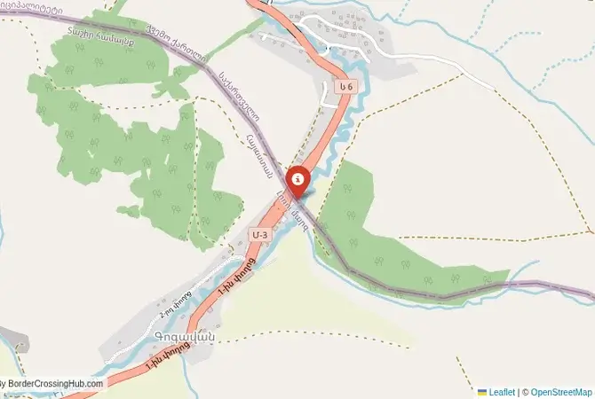 Close-up map showing a border crossing point with marker at the selected land port of entry between Georgia and Armênia