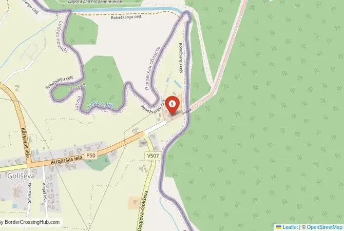 Close-up map showing a border crossing point with marker at the selected land port of entry between Russia and Latvia