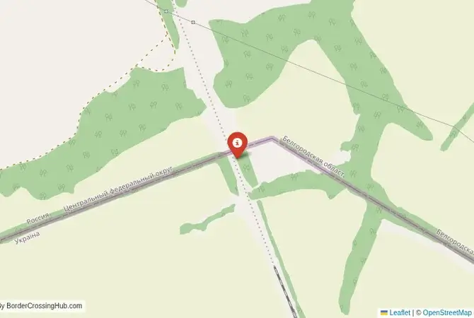 Close-up map showing a border crossing point with marker at the selected land port of entry between Ukraine and Russia