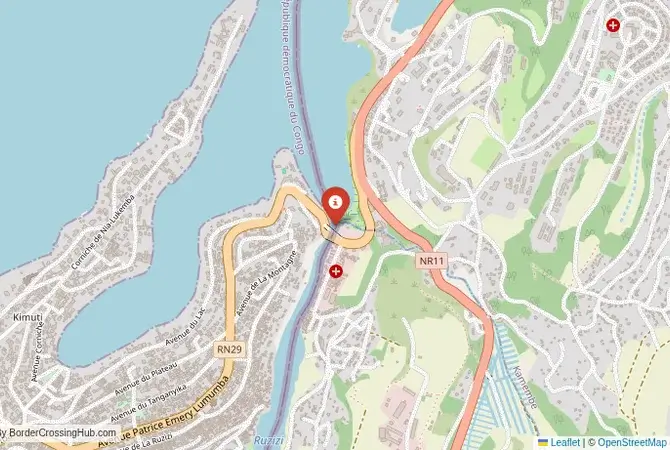 Close-up map showing a border crossing point with marker at the selected land port of entry between Burundi and DR Congo