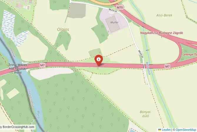 Close-up map showing a border crossing point with marker at the selected land port of entry between Hungary and Croatia