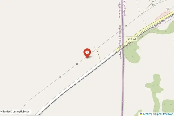 Close-up map showing a border crossing point with marker at the selected land port of entry between Kazakhstan and Russia