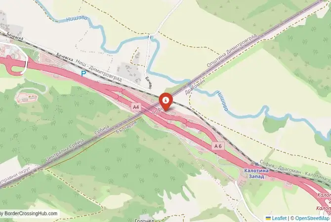 Close-up map showing a border crossing point with marker at the selected land port of entry between Bulgaria and Serbia