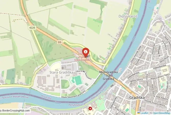 Close-up map showing a border crossing point with marker at the selected land port of entry between Bosnia and Herzegovina and Croatia
