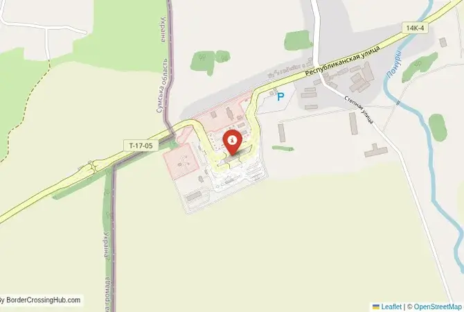 Close-up map showing a border crossing point with marker at the selected land port of entry between Ukraine and Russia