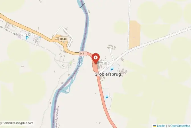 Close-up map showing a border crossing point with marker at the selected land port of entry between South Africa and Botswana