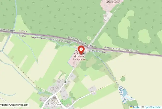 Close-up map showing a border crossing point with marker at the selected land port of entry between Russia and Poland