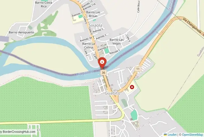 Close-up map showing a border crossing point with marker at the selected land port of entry between Costa Rica and Panama