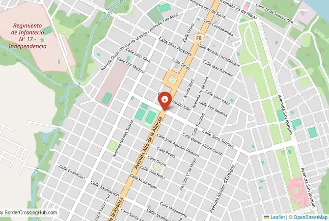 Close-up map showing a border crossing point with marker at the selected land port of entry between Brazil and Bolivia