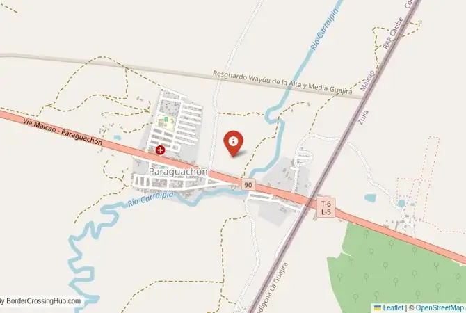 Close-up map showing a border crossing point with marker at the selected land port of entry between Colombia and Venezuela