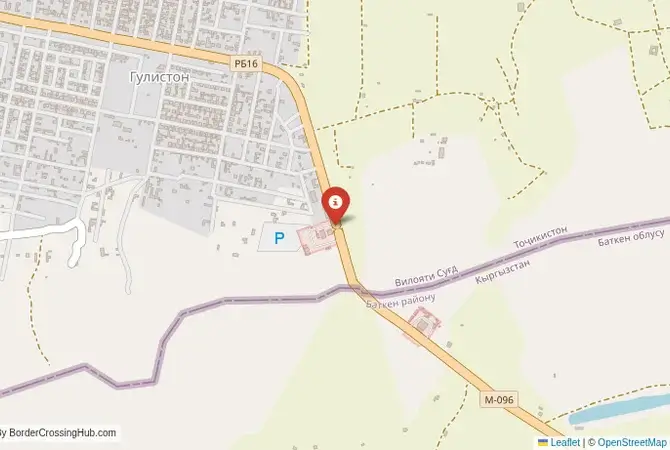Close-up map showing a border crossing point with marker at the selected land port of entry between Kyrgyzstan and Tajikistan