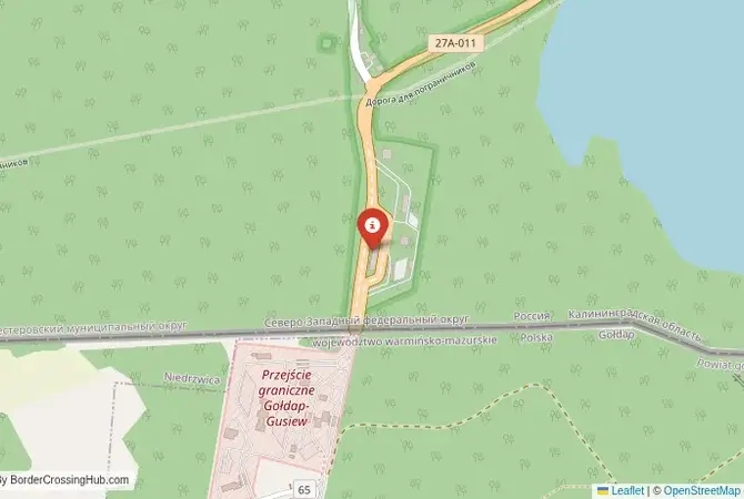 Close-up map showing a border crossing point with marker at the selected land port of entry between Russia and Poland