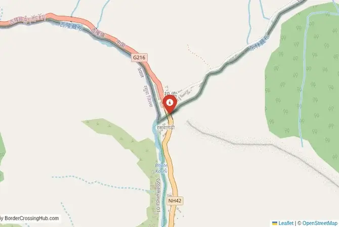 Close-up map showing a border crossing point with marker at the selected land port of entry between Nepal and China