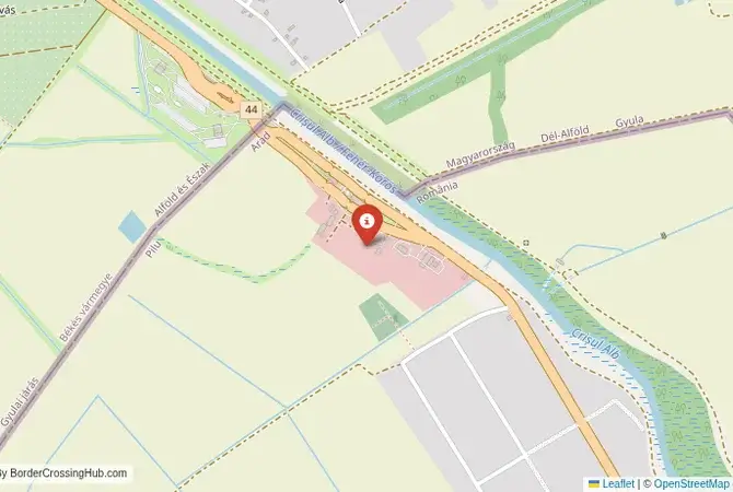 Close-up map showing a border crossing point with marker at the selected land port of entry between Hungary and Romania