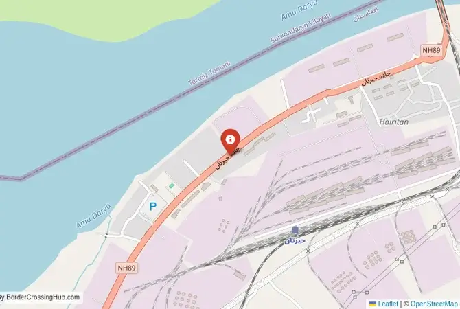 Close-up map showing a border crossing point with marker at the selected land port of entry between Afghanistan and Uzbekistan