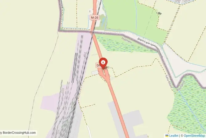 Close-up map showing a border crossing point with marker at the selected land port of entry between Ukraine and Romania