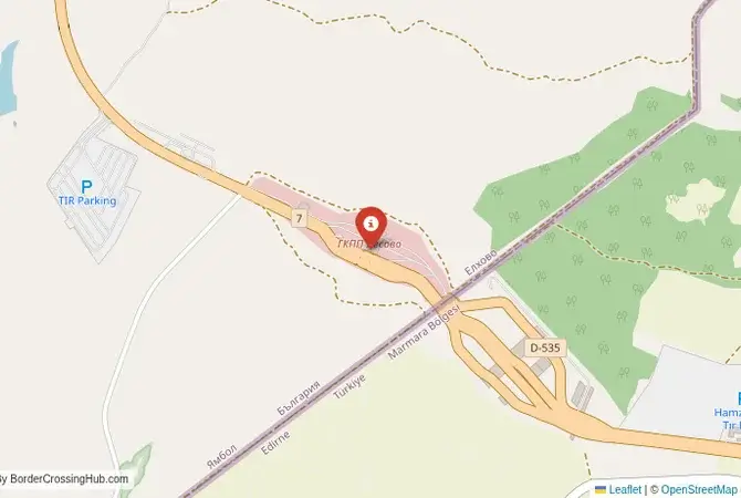 Close-up map showing a border crossing point with marker at the selected land port of entry between Bulgaria and Turkey