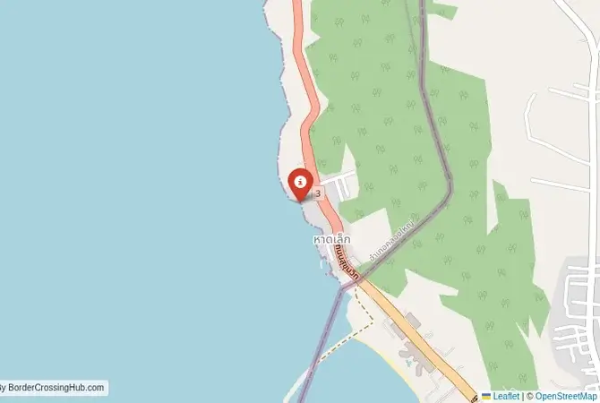 Close-up map showing a border crossing point with marker at the selected land port of entry between Cambodia and Thailand