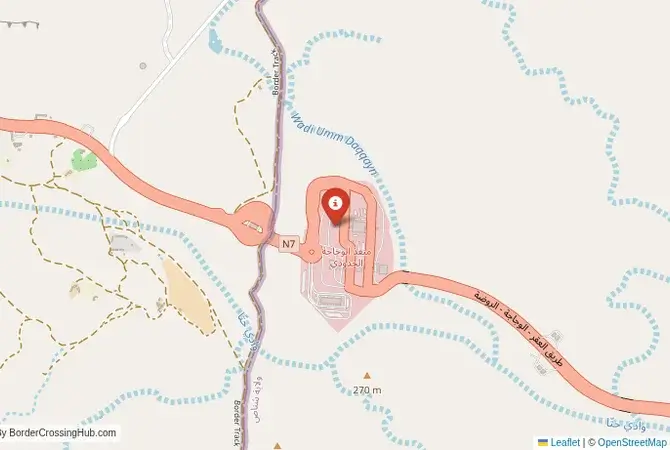 Close-up map showing a border crossing point with marker at the selected land port of entry between United Arab Emirates and Oman