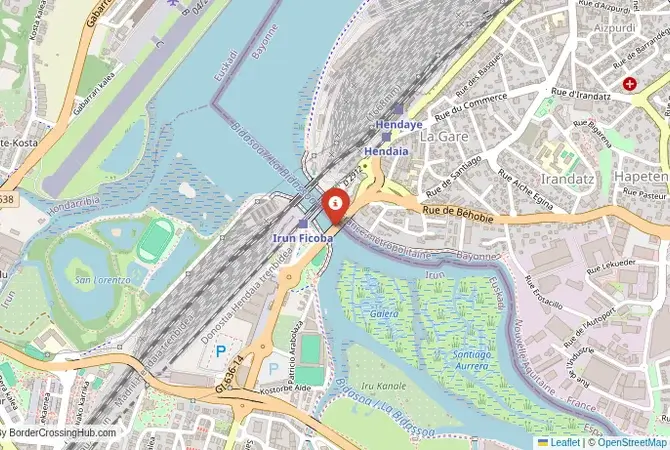 Close-up map showing a border crossing point with marker at the selected land port of entry between France and Spain
