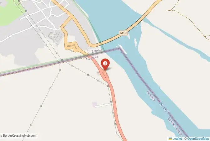 Close-up map showing a border crossing point with marker at the selected land port of entry between Namibia and Zambia