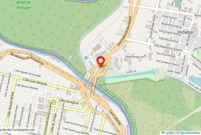Close-up map showing a border crossing point with marker at the selected land port of entry between United States and Mexico