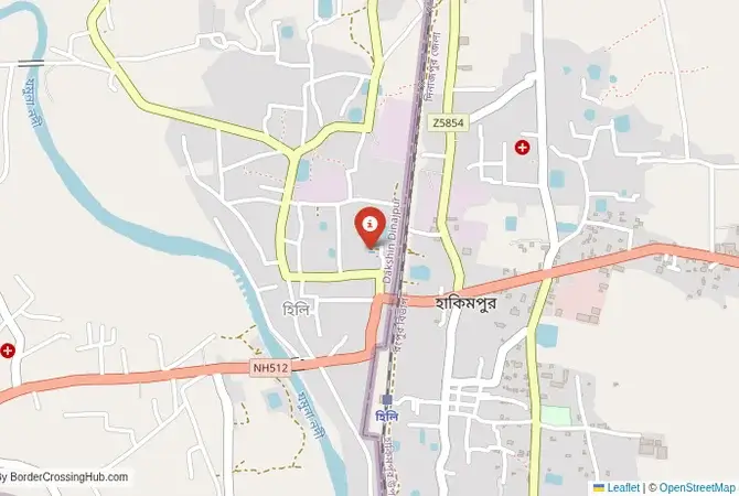 Close-up map showing a border crossing point with marker at the selected land port of entry between Bangladesh and India