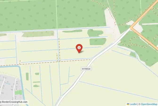 Close-up map showing a border crossing point with marker at the selected land port of entry between Belarus and Ukraine