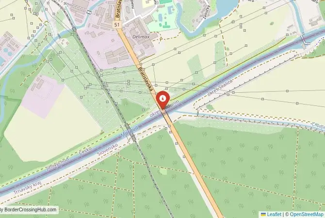 Close-up map showing a border crossing point with marker at the selected land port of entry between Slovakia and Czechia