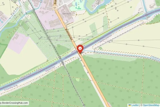 Close-up map showing a border crossing point with marker at the selected land port of entry between Slovakia and Czechia