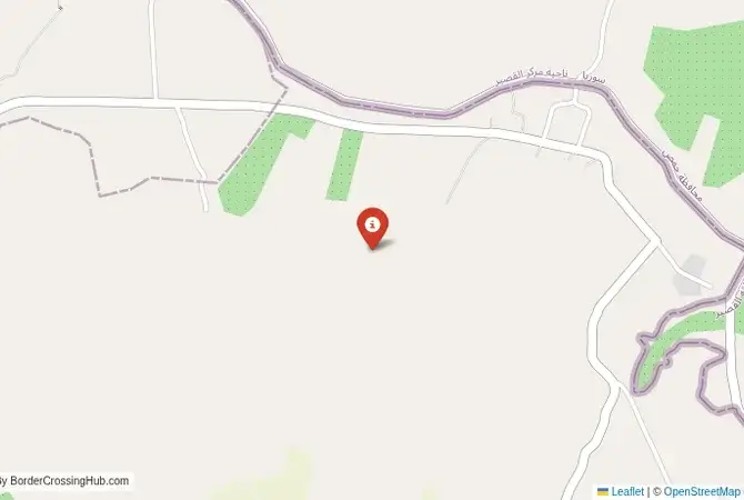 Close-up map showing a border crossing point with marker at the selected land port of entry between Lebanon and Syria