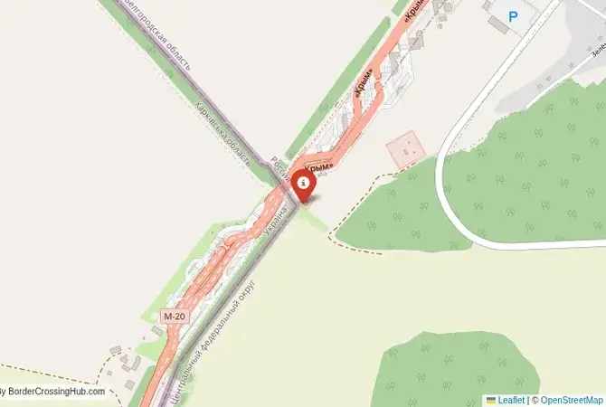 Close-up map showing a border crossing point with marker at the selected land port of entry between Ukraine and Russia