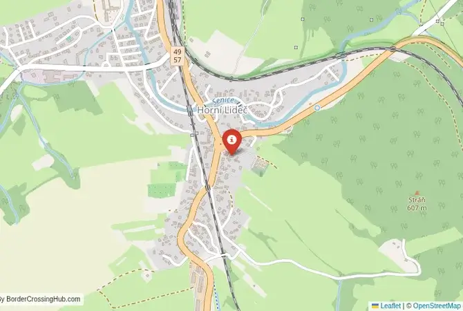 Close-up map showing a border crossing point with marker at the selected land port of entry between Slovakia and Czechia