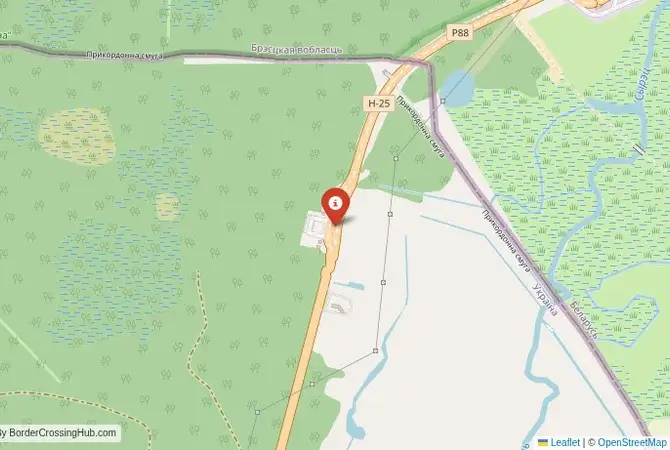 Close-up map showing a border crossing point with marker at the selected land port of entry between Belarus and Ukraine