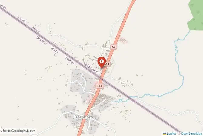 Close-up map showing a border crossing point with marker at the selected land port of entry between Tanzania and Kenya