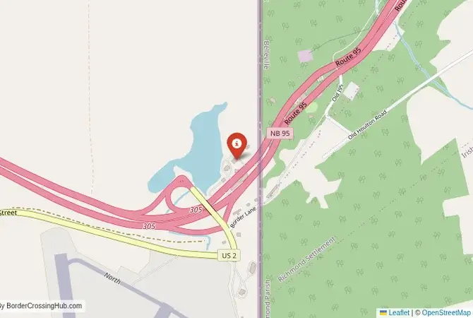 Close-up map showing a border crossing point with marker at the selected land port of entry between United States and Canada