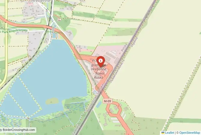 Close-up map showing a border crossing point with marker at the selected land port of entry between Ukraine and Poland