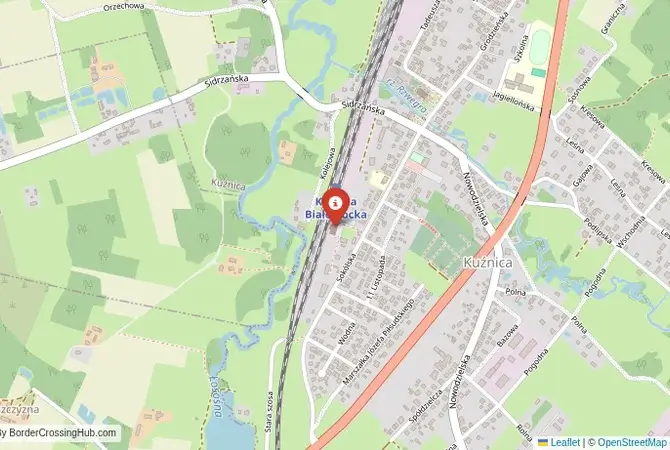 Close-up map showing a border crossing point with marker at the selected land port of entry between Belarus and Poland