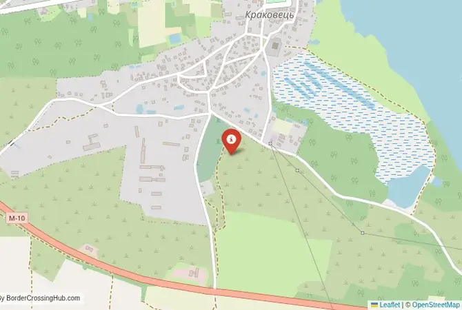 Close-up map showing a border crossing point with marker at the selected land port of entry between Ukraine and Poland