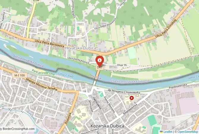 Close-up map showing a border crossing point with marker at the selected land port of entry between Bosnia and Herzegovina and Croatia