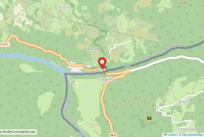 Close-up map showing a border crossing point with marker at the selected land port of entry between Montenegro and Bosnia and Herzegovina