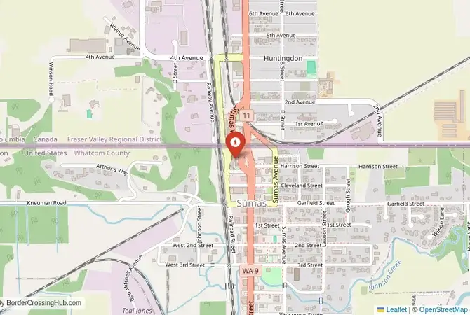Close-up map showing a border crossing point with marker at the selected land port of entry between United States and Canada
