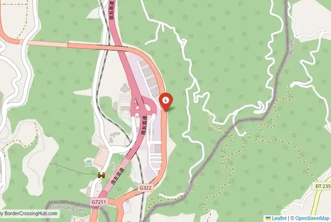 Close-up map showing a border crossing point with marker at the selected land port of entry between Vietnam and China