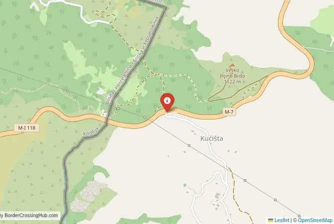 Close-up map showing a border crossing point with marker at the selected land port of entry between Montenegro and Bosnia and Herzegovina
