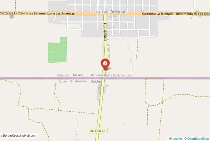 Close-up map showing a border crossing point with marker at the selected land port of entry between Mexico and Guatemala