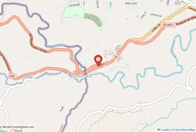 Close-up map showing a border crossing point with marker at the selected land port of entry between Colombia and Ecuador